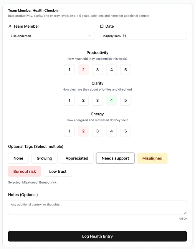 30-second health check form with mood, energy, and clarity rating sliders for team wellness tracking