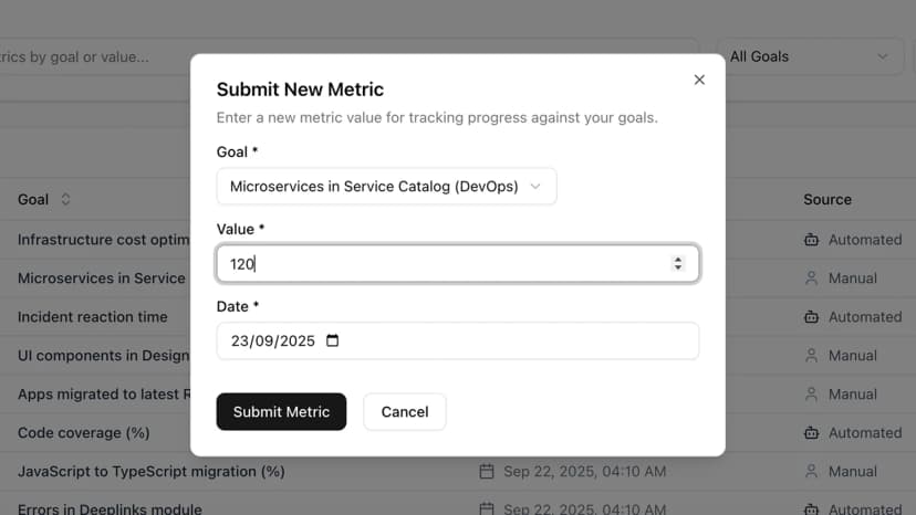 Metric submission form showing goal value input, date picker, and validation for manual data entry